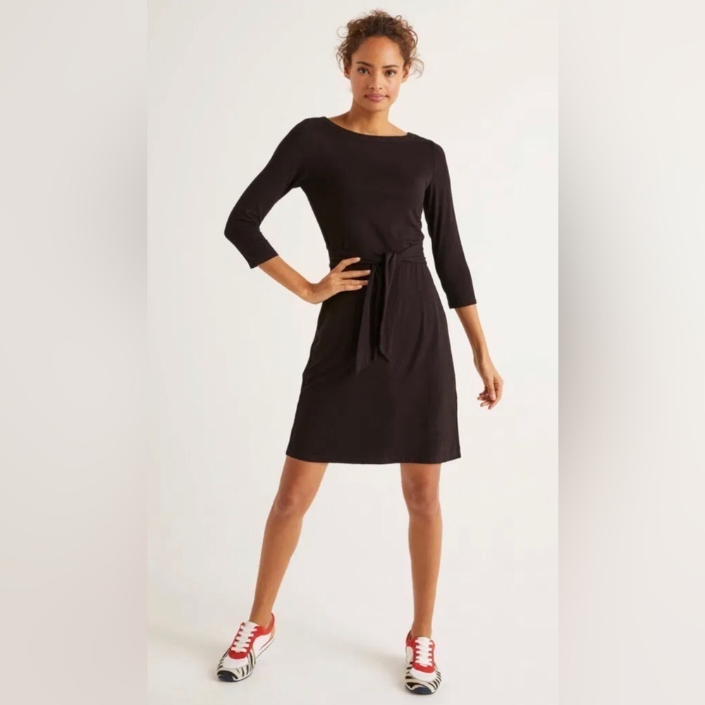 Boden Women’s 4R Black Sylvia Tie Jersey Knit 3/4 Sleeves Mini Tunic Dress - EUC